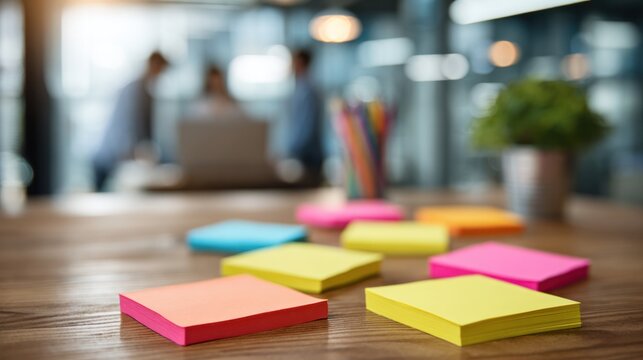 Sticky Notes on a Table: A close-up view of colorful sticky notes scattered on a wooden table, with blurred figures of people in the background.