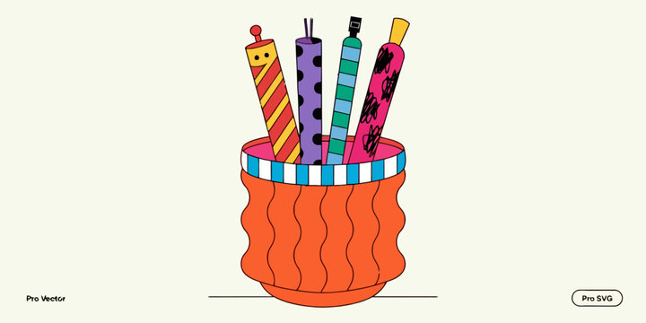 Set of colorful decorative pens and pencils in a wavy orange cup with stationery supplies colorful illustration creative abstract education workspace organizer business accessory equipment
