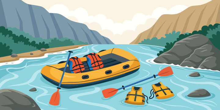 Illustration of inflatable raft and paddles for whitewater rafting adventure with lifevest adventure vacation mountain lifestyle recreation activity equipment floating landscape wilderness