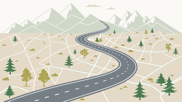 Scenic road winding through a mountainous landscape with mountain landscape transportation adventure wilderness evergreen outdoors perspective illustration vacation environment traveling