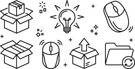 E commerce business line icon set with delivery box lightbulb computer mouse and data folder outline vector illustration © MdShakib