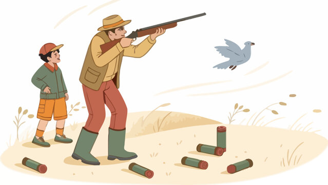 Hunter father and son hunting birds outdoors with shooting wildlife outdoors activity recreation countryside fatherhood lifestyle practice ammunition equipment adventure training guidance
