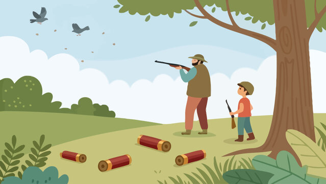 Hunter father and child hunting in the woods with woodland activity recreation training education wilderness ammunition equipment lifestyle guidance learning tradition conservation