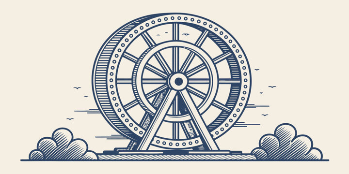 Vintage illustration of a large industrial water wheel with industrial illustration engineering technology mechanical machinery historic historical innovation structure engraving industry