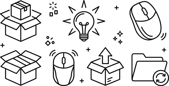 E commerce business line icon set with delivery box lightbulb computer mouse and data folder outline vector illustration
