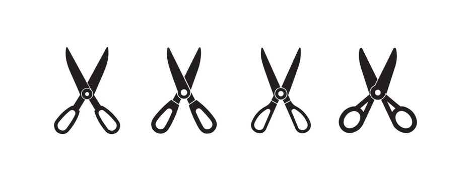 pairs of scissors in different positions on white background for cutting and trimming tasks  office and crafting tools
