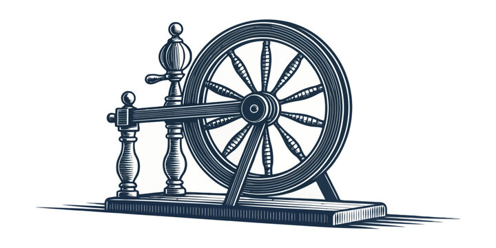 Antique wooden spinning wheel illustration with spinning illustration handmade production industry traditional historical craftsmanship mechanical engraving mechanism spinningwheel