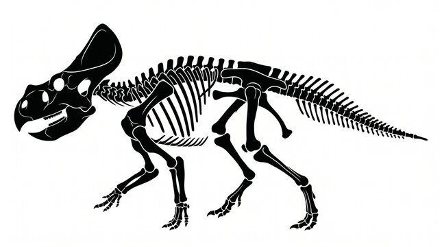 Black silhouette of a protoceratops dinosaur skeleton fossil isolated on a white background for paleontology and science education