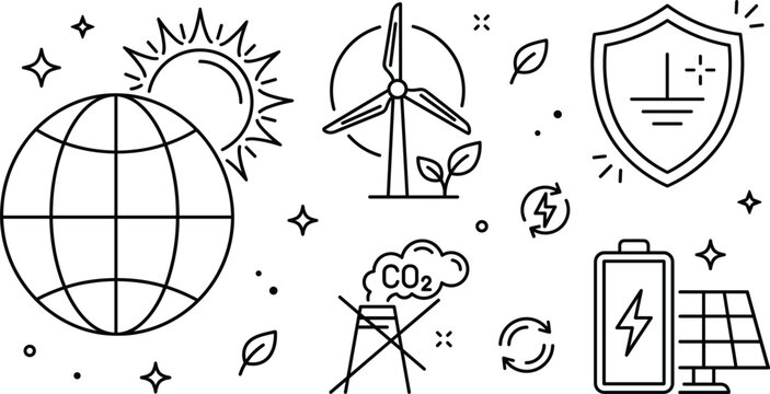 Eco friendly green energy line icon set with globe sun wind turbine solar panel shield battery co2 vector