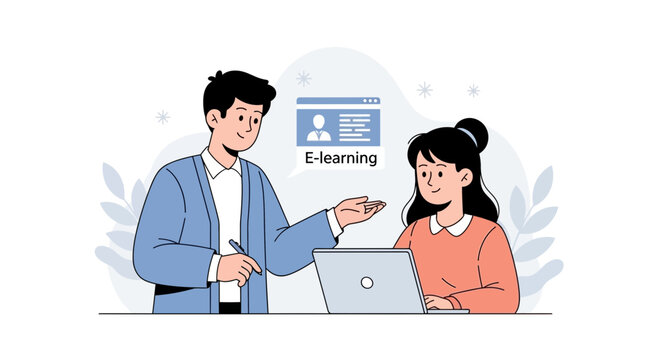 Online Education Concept: Teacher guiding student with e-learning laptop illustration