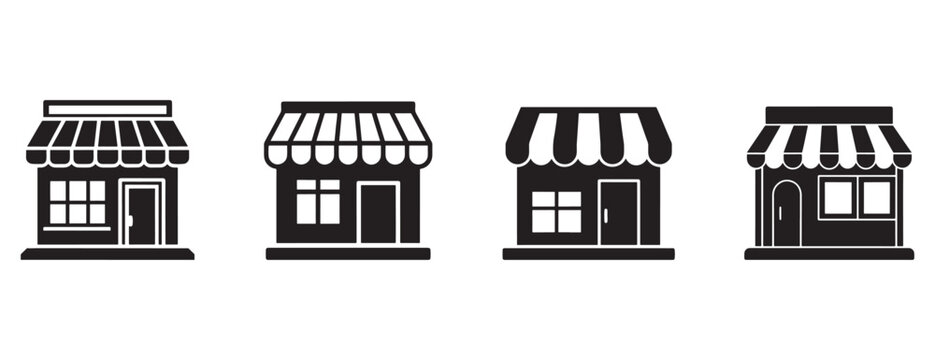 storefront icons with awnings and windows  shop buildings with different types of roofs and doors