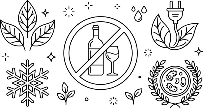 Eco friendly product certification line icon set with leaves no alcohol green plug snowflake and bacteria wreath vector