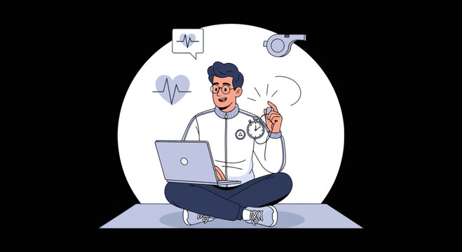 Online Fitness Coach with Laptop, Stopwatch, and Health Icons - Vector Illustration