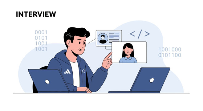 Online Job Interview: Developer Discussing Project with Remote Candidate via Video Call and Binary Code Background