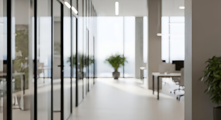 Fototapeta premium Modern office corridor with glass walls and desks at sunset corridor interior workplace business