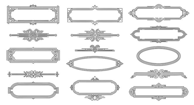Black and white decorative border elements and ornate text frames with complex flourishes are organized in a grid layout against a plain white background surface.