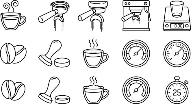 Espresso coffee maker brewing equipment and barista tools line icons set with portafilter beans cup linear design elements