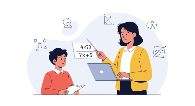 Teacher guiding student with math lesson, online education concept, flat vector illustration.