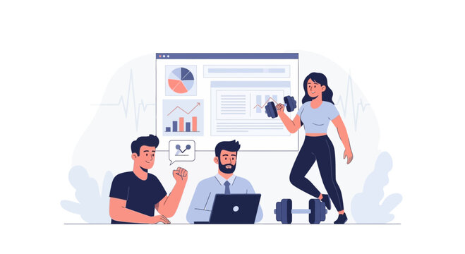 Teamwork and Fitness: Professionals achieving goals with data analysis and exercise