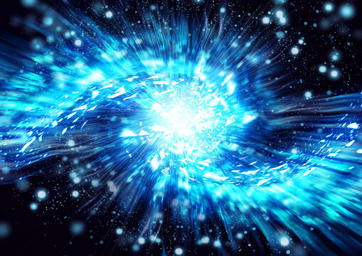 青い光が炸裂する未来的なエネルギー爆発背景｜デジタルテクノロジーと宇宙空間の抽象イメージ