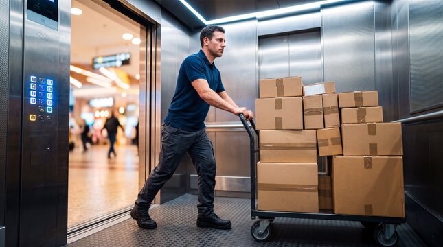 Courier pushing trolley with cardboard box in elevator. Delivery man transporting parcel in building. Logistics professional working in supply chain, relocation and freight shipping service
