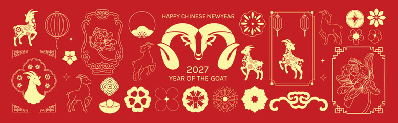 Plakat Chinese New Year 2027 goat vector banner. Gold line art zodiac goats, lanterns, lotus flowers, fans and Asian ornaments on red festive background.