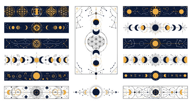 A set of twelve dark rectangular panels features detailed celestial constellations, zodiac signs, and moon cycles accented with glowing gold lines on deep blue.