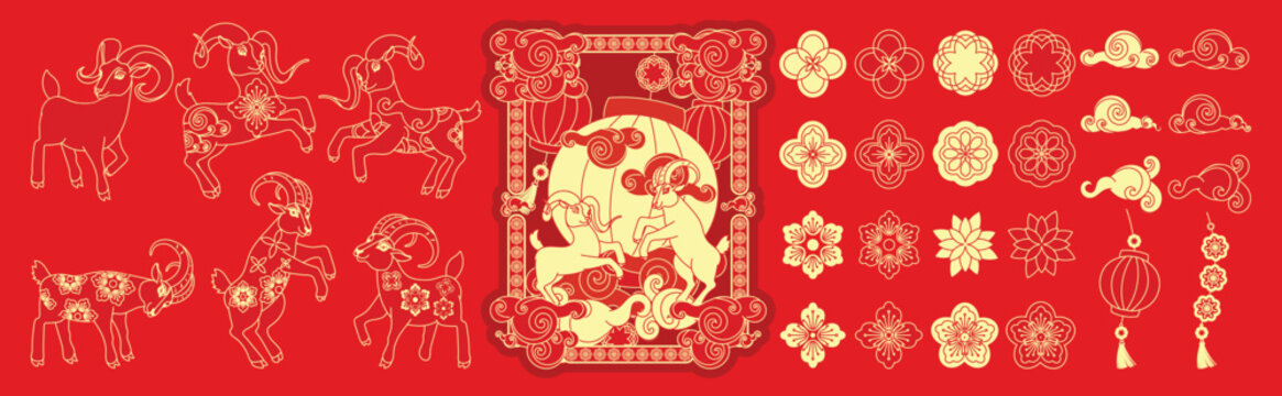 Chinese New Year goat vector elements set. Gold line art zodiac rams, floral ornaments, clouds, lanterns and decorative frames on red background.