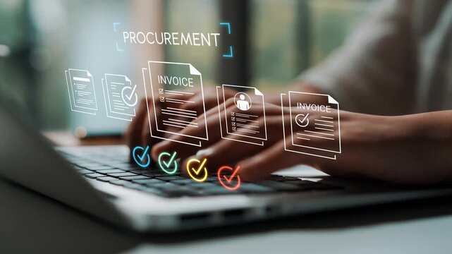 Business professional managing procurement processes with digital documents on a laptop in a modern workspace, showcasing invoice and checklist features. Gluon.