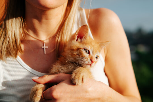 A woman gently cradles a small orange kitten in her arms while standing outdoors. The sun shines brightly in the background, creating a warm atmosphere