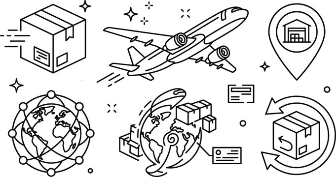 Global logistics shipping delivery service line icon set with airplane cargo box earth globe warehouse location pin return