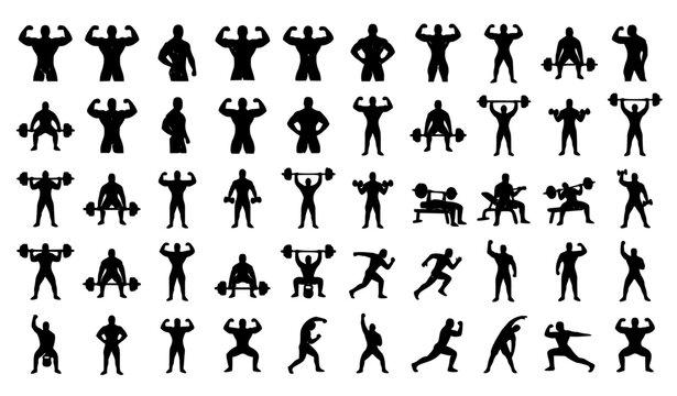 Muscular Men Silhouette Collection with Bodybuilding Fitness and Strength Pose Set