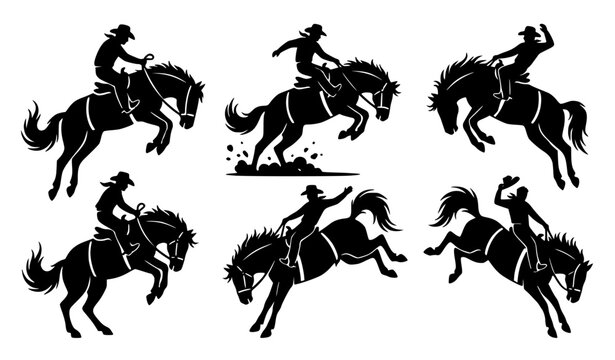 Cowboy riding bucking horse silhouettes wild rodeo action vector set black silhouette collection