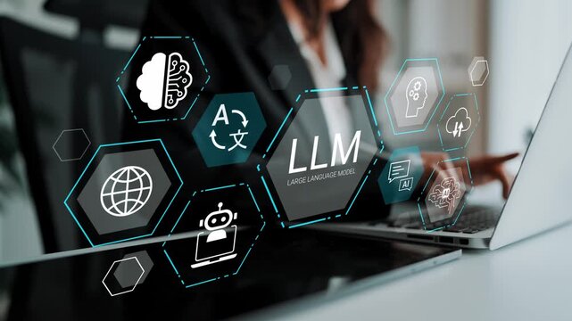 Professional Business Woman Using Laptop with AI Technology and Data Visualization Icons in Modern Workspace for Digital Transformation Projects Gluon.