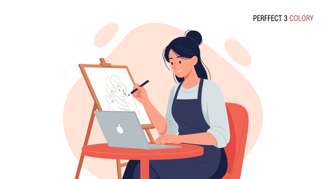 Woman artist drawing on easel with laptop at table, modern flat illustration style
