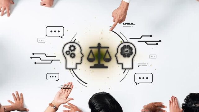 Conceptual illustration depicting the balance between technology and human judgment in decision-making with diverse hands in discussion around the theme. Gluon.