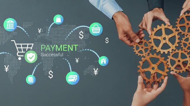 Hands Engaging with Gears Against a Digital Payment Concept Featuring Global Transactions and Successful Payment Indicators Gluon.