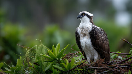 Fototapeta premium A majestic osprey is prominently featured, standing on an intricate nest made of sticks and green plants. Ai generated