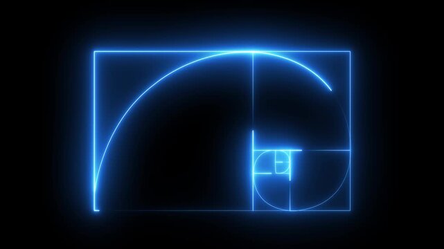 Golden ratio fibonacci spiral glowing neon blue line animation on black background, sequence math