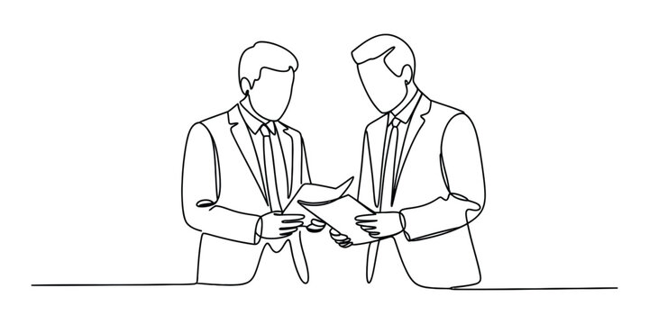Two business men looking at documents continuous line drawing