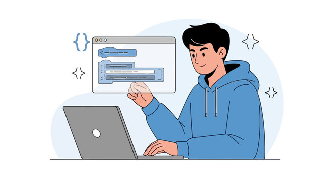 Young developer coding on a laptop, programming interface with code snippets and brackets, modern flat illustration style.