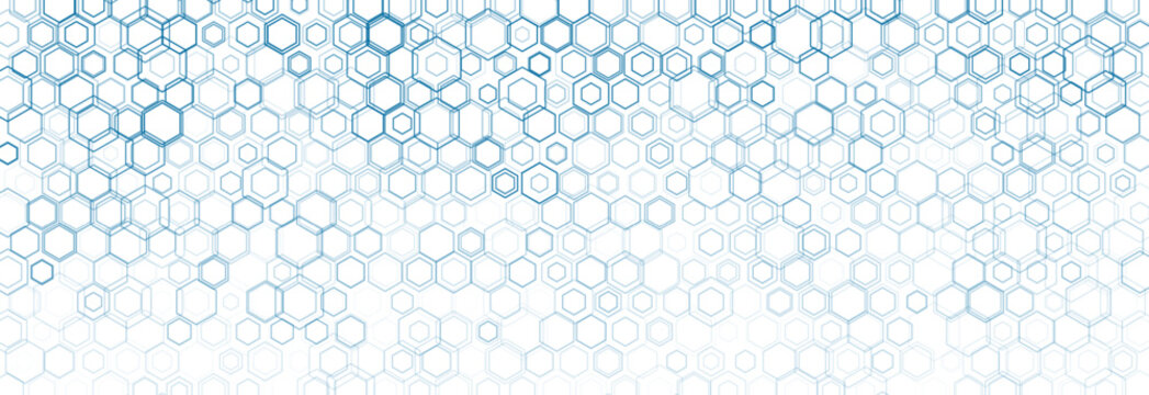 Geometric futuristic network background with abstract linear hexagons grid. Vector blue white polygonal banner design