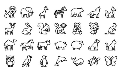 Naklejka premium Animal Line Art Icons Set with Wild Creatures Farm Animals Pets and Nature Species