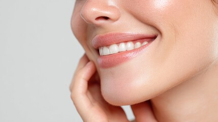 Obraz premium Radiant Smile: A close-up shot captures the flawless beauty of a woman's radiant smile, showcasing healthy, white teeth and glowing skin, with a gentle touch to her chin