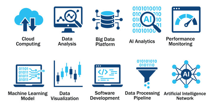Cloud computing solid icons and artificial intelligence network glyph elements. Vector illustration of flat blue corporate big data analysis pipeline machine learning software template.