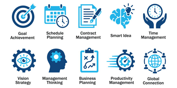 Business planning solid icons and productivity time management glyph elements. Vector illustration of flat blue corporate goal target schedule calendar contract vision global template.