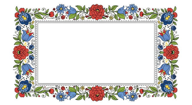 Traditional folk floral border vector, decorative rectangular frame with red roses and blue bellflowers, rustic botanical ornament for wedding invitations