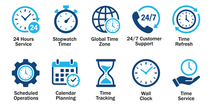 Time management solid icons and 24/7 customer support glyph elements. Vector illustration of flat blue corporate schedule calendar stopwatch stopwatch tracking representing clock template.