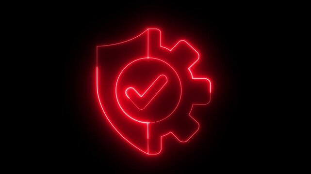 Neon red shield and gear with checkmark for cybersecurity and system optimization protection settings