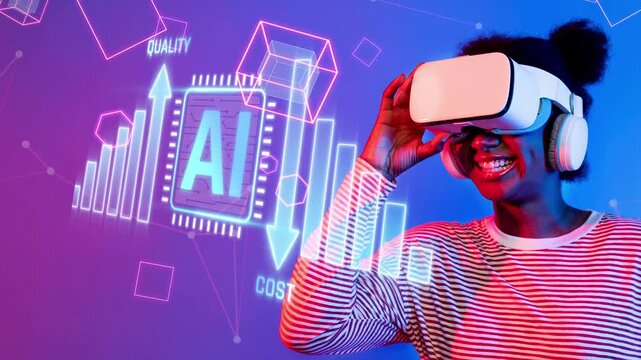 Person Wearing Virtual Reality Headset Smiling with Digital Graph and AI Elements on Screen in Blue and Pink Background for Technology and Innovation Themes Sigmoid